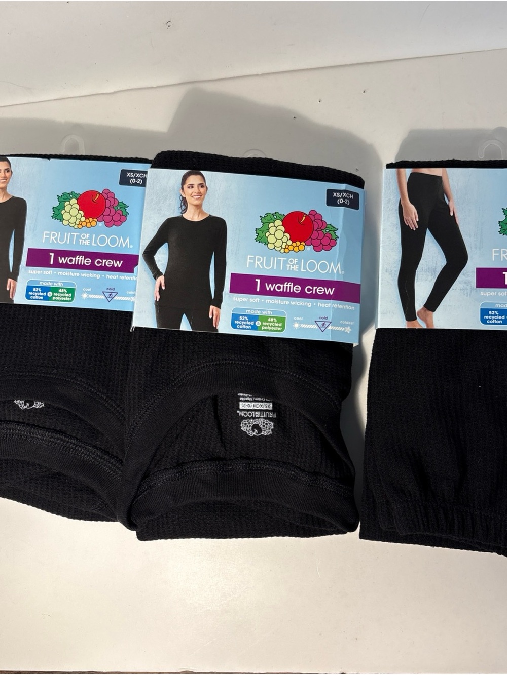 Fruit of the Loom 2 Black Waffle Crew Long Sleeve Tops & 1 bottom xs